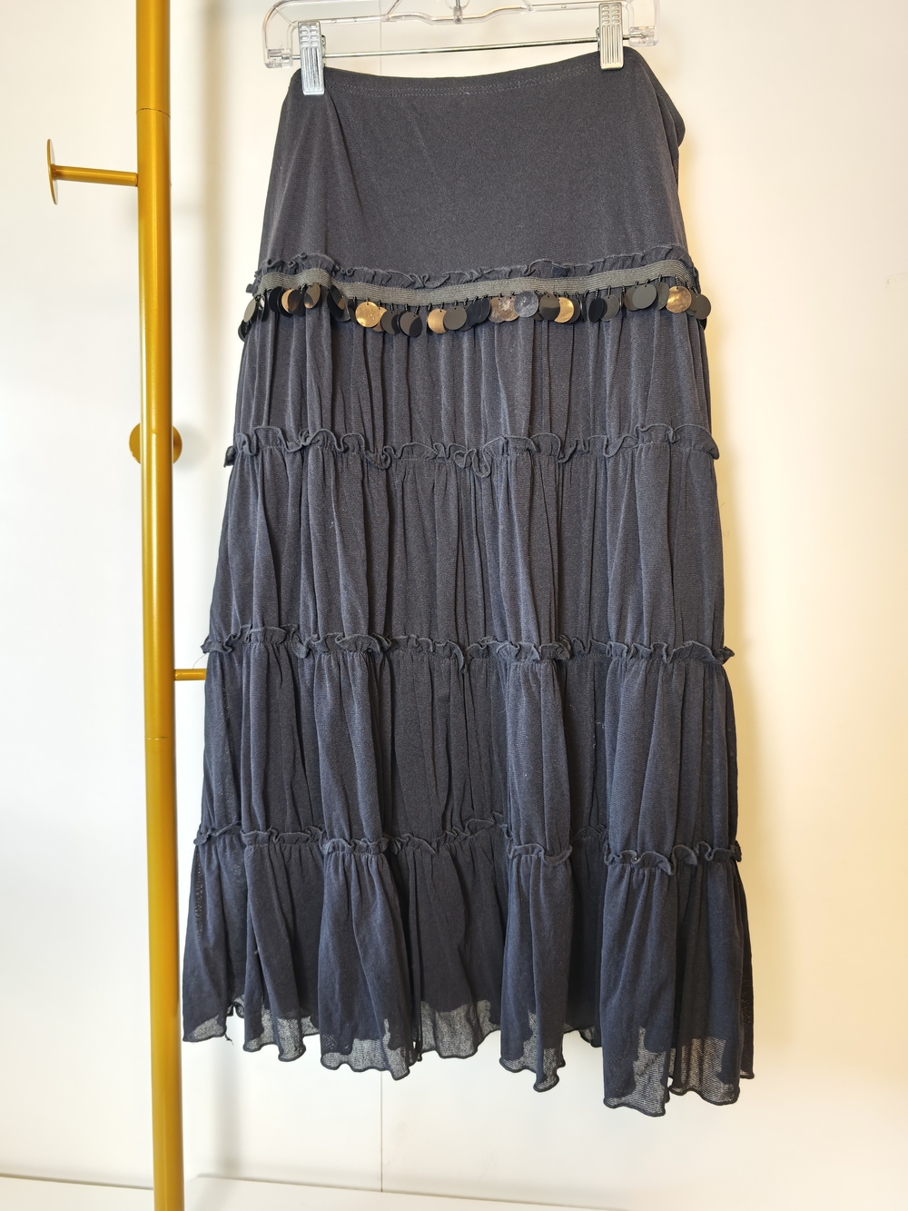 Whimsigoth Vintage Y2K Rampage Black Tiered Maxi Skirt with Sequin Trim